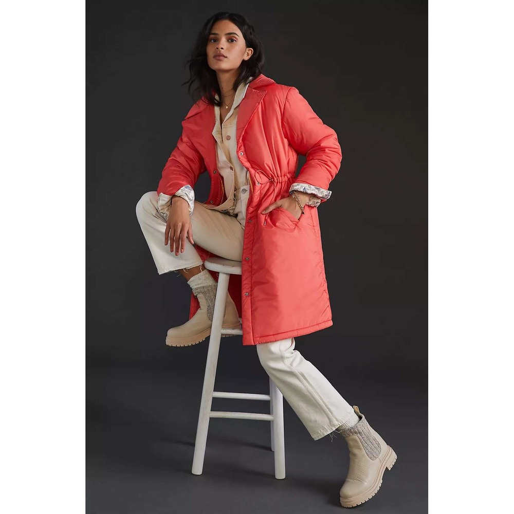 NWT Maeve by Anthropologie Cinched Puffer Coat Coral Drawstring Waist Womens XS